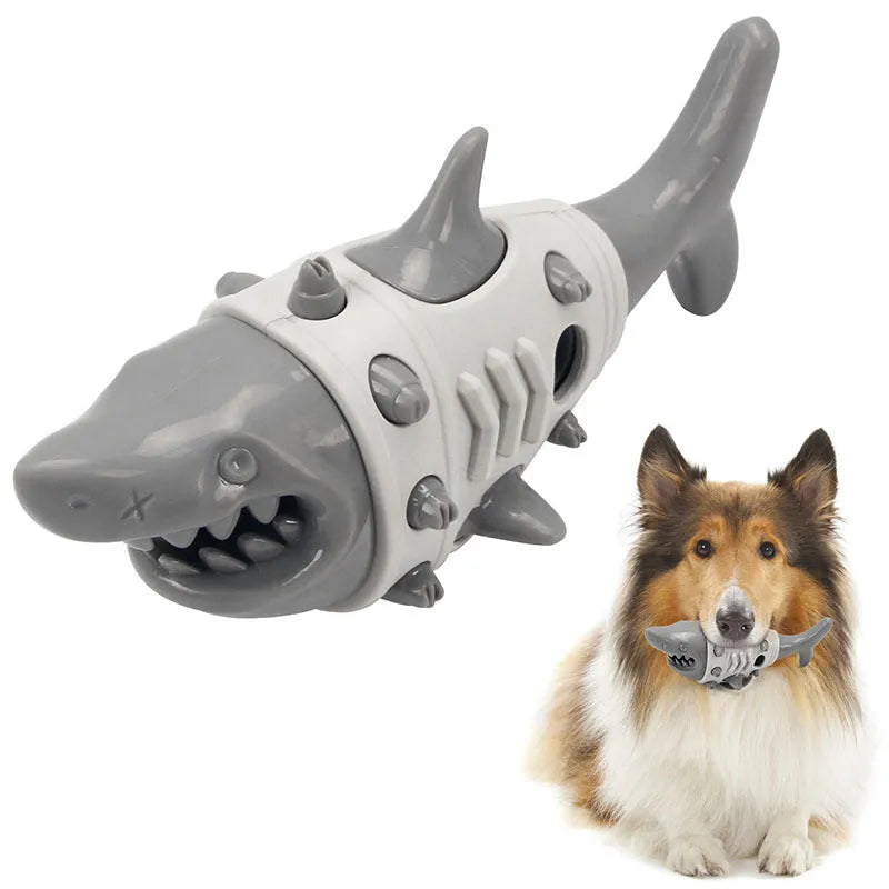 Blue textured dog chew toy shaped with ridges mimicking shark teeth for dental cleaning
