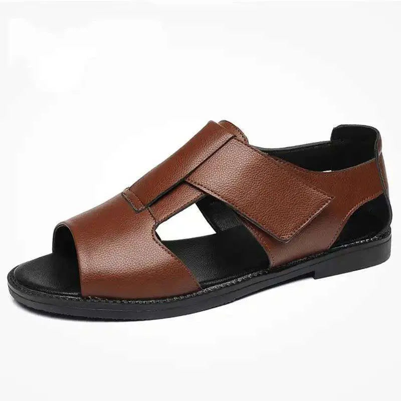 Men's black casual leather sandals with open toe design and rubber sole