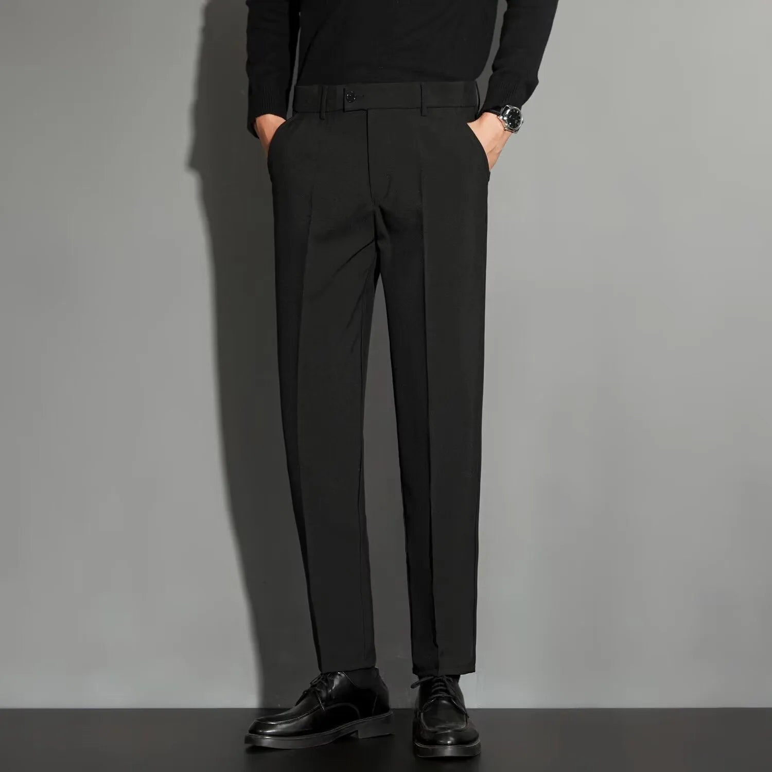 Men's straight-leg suit trousers in chemical fibre blend available in multiple colours and sizes