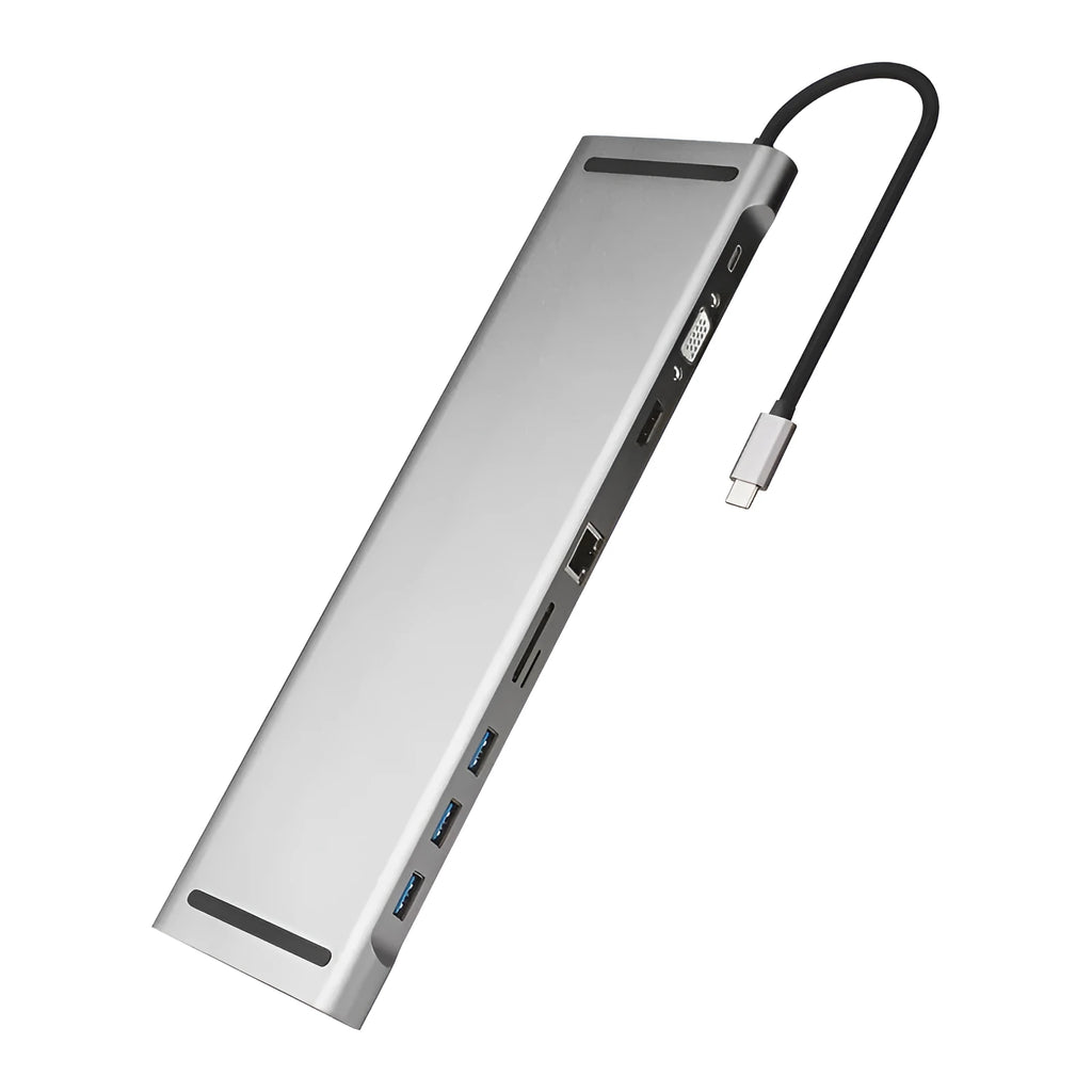 Grey aluminium ten-port laptop docking station with cooling bracket showing HDMI, VGA and USB connections
