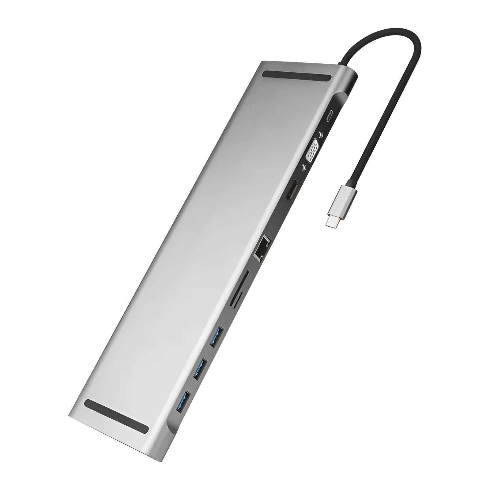 Grey aluminium ten-port laptop docking station with cooling bracket showing HDMI, VGA and USB connections