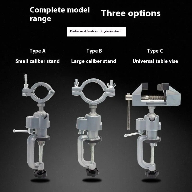 Clamp-on bench vise with a 360-degree rotating head and bracket pliers on a workbench.