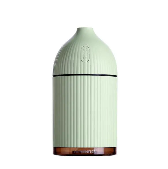 White ultrasonic aromatherapy diffuser and air humidifier with LED light, 300ml capacity, dimensions 80x80x155mm.