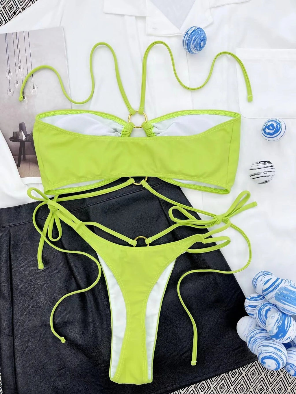 Women's yellow green lace-up triangle bikini swimsuit with split design
