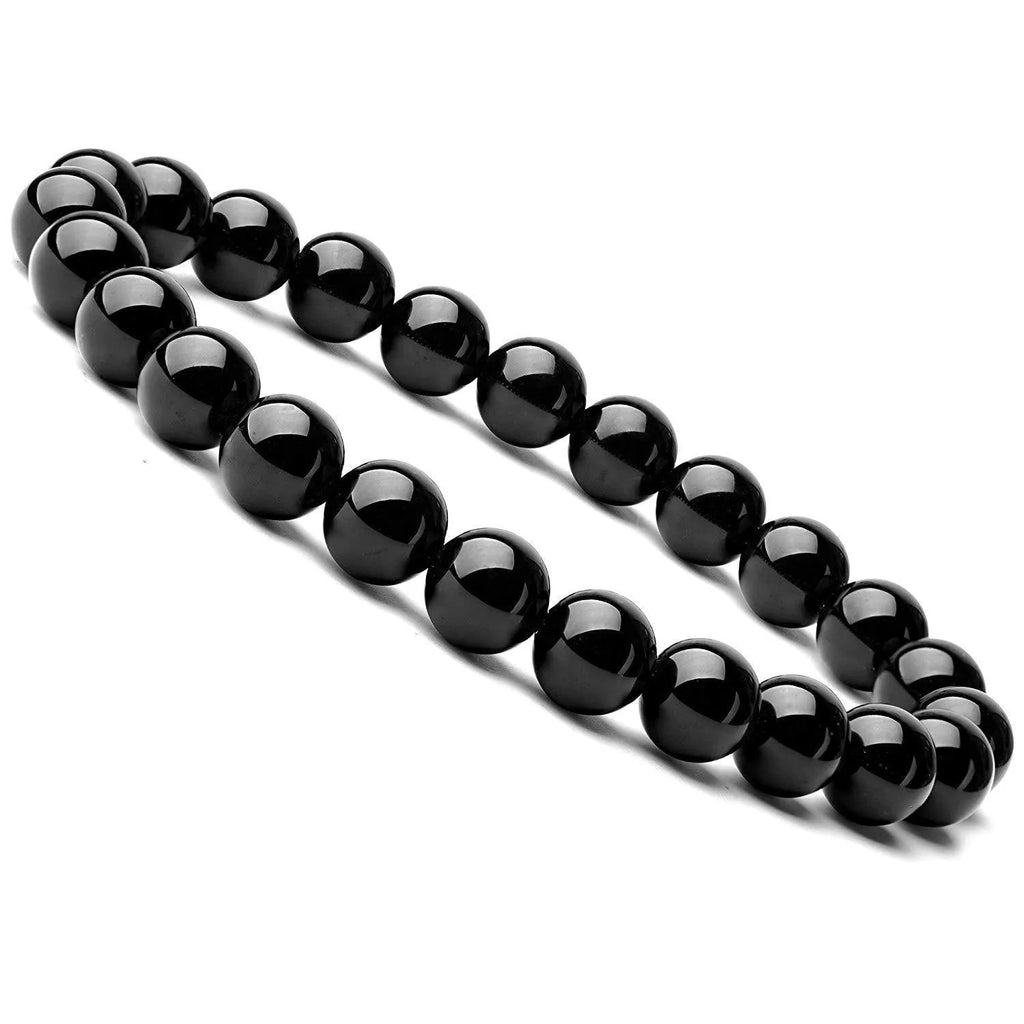 Geometric black onyx stretch bracelet with 8mm agate beads on an elastic cord.