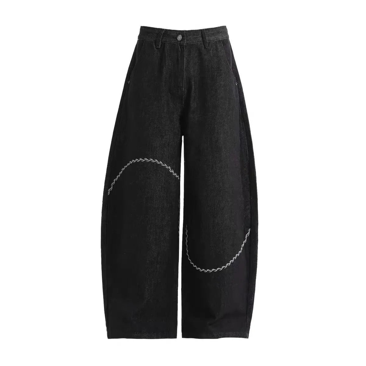 Black straight leg denim trousers with micro elastic waistband and zip fly placket detail