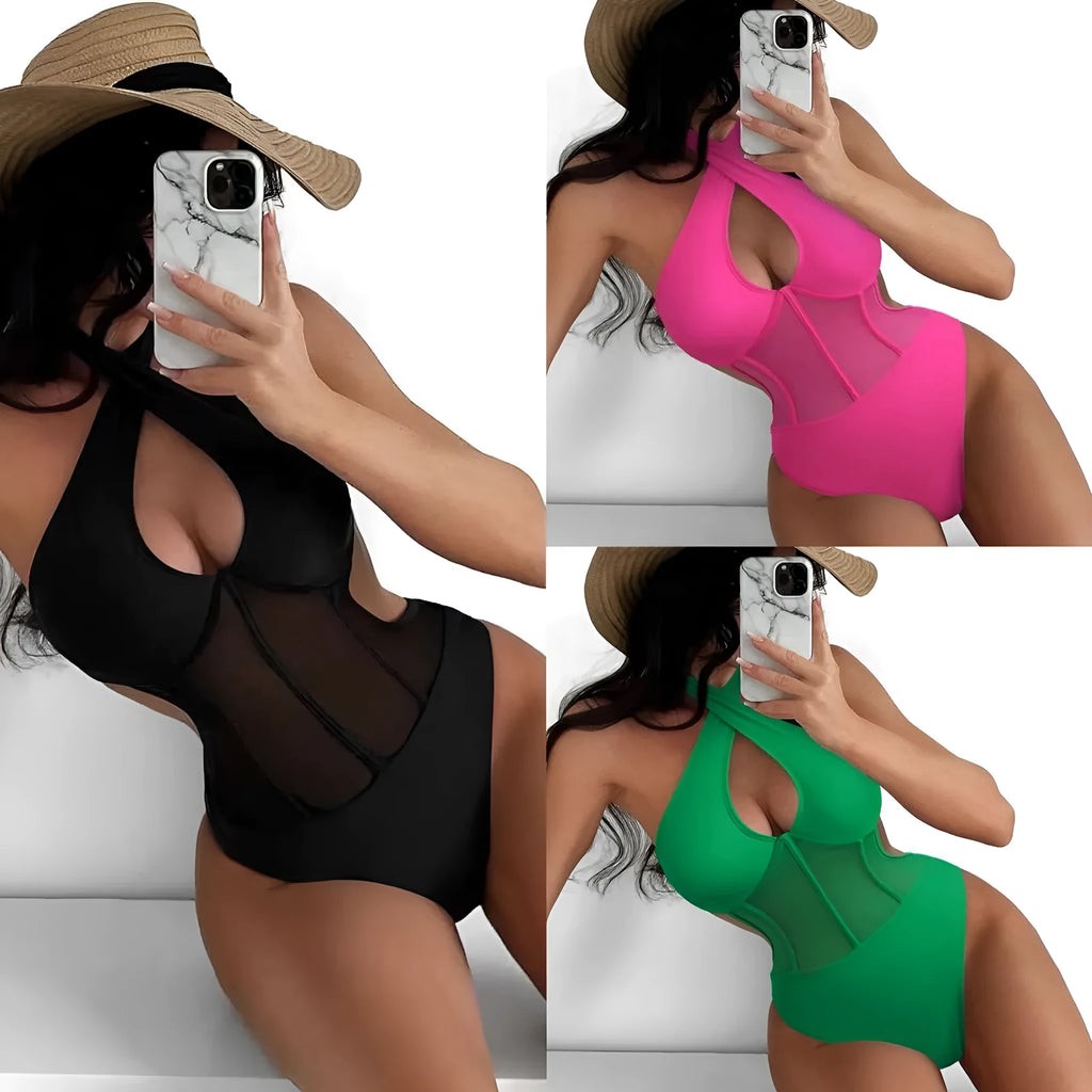 Women's black one-piece swimsuit bikini made of nylon and spandex fabric on a neutral background.