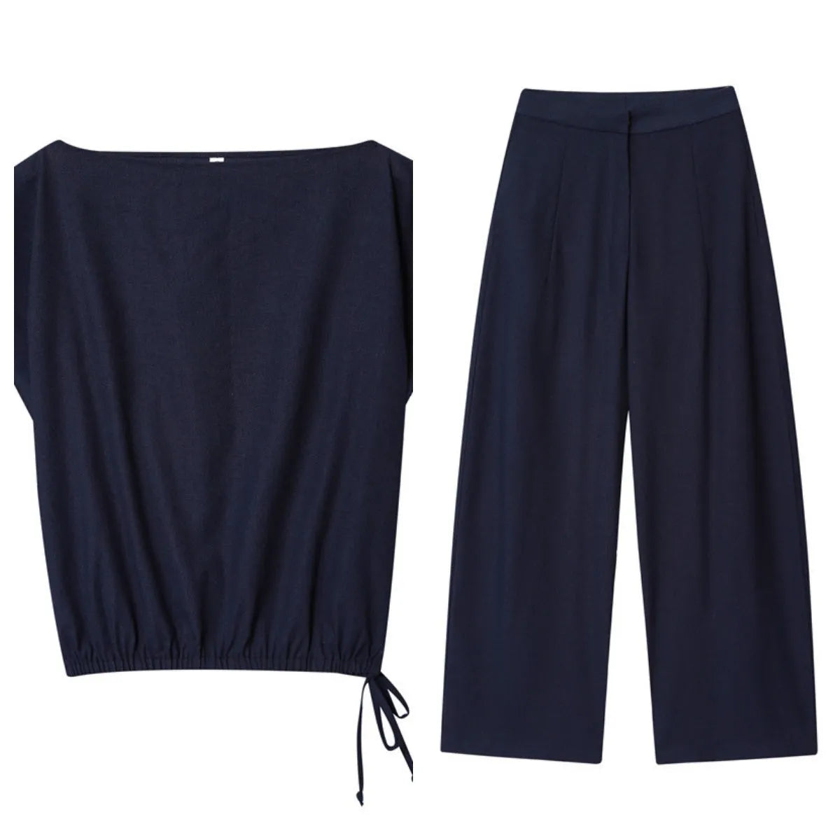Women's off-neck linen-style shirt and wide-leg trousers set in a coordinated colour.