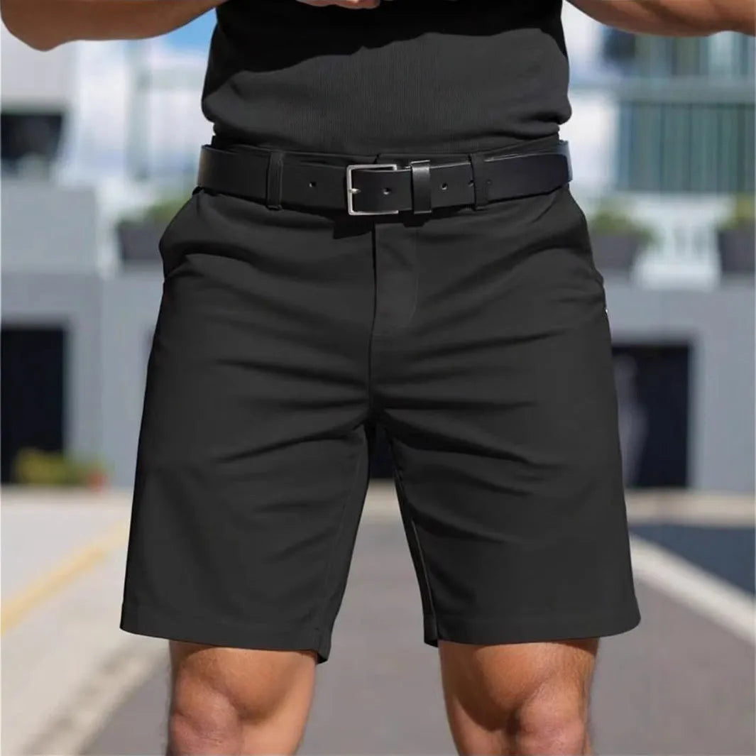 Men's solid colour elastic shorts trousers in straight cut fifth pants length