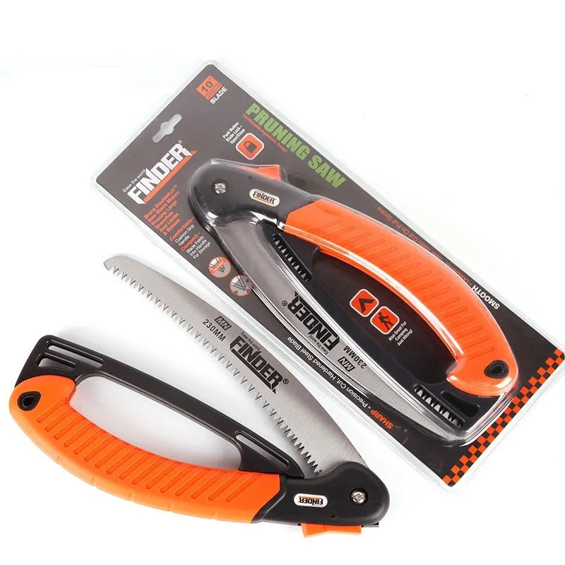 Orange handled folding garden saw with a 9 inch steel blade shown both open and closed.