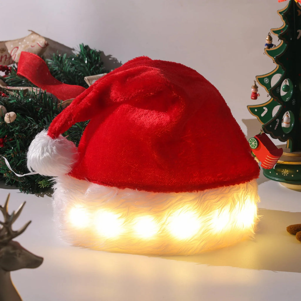 Red and white plush Santa hat with integrated multi-colour LED lights glowing