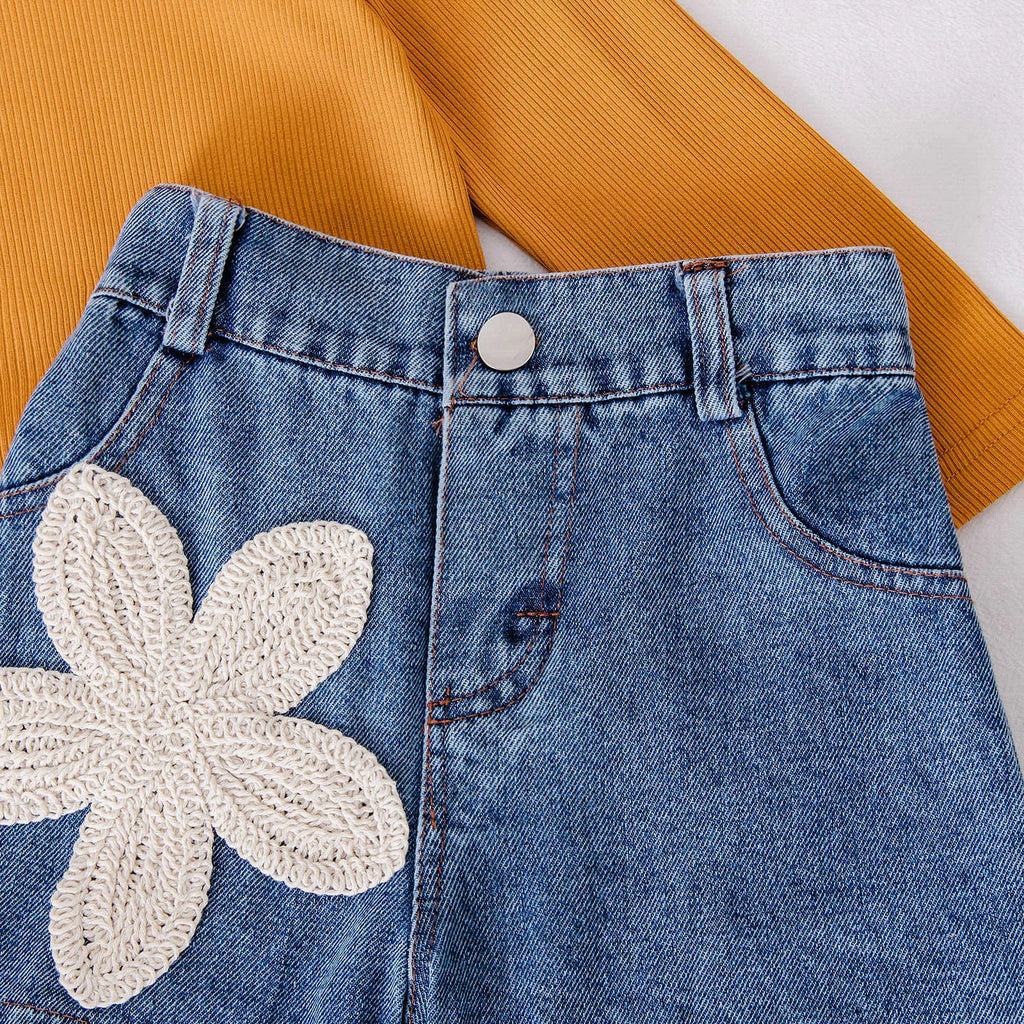 Girls flower embroidered khaki cotton denim shorts set with long-sleeve top for height 90-130cm