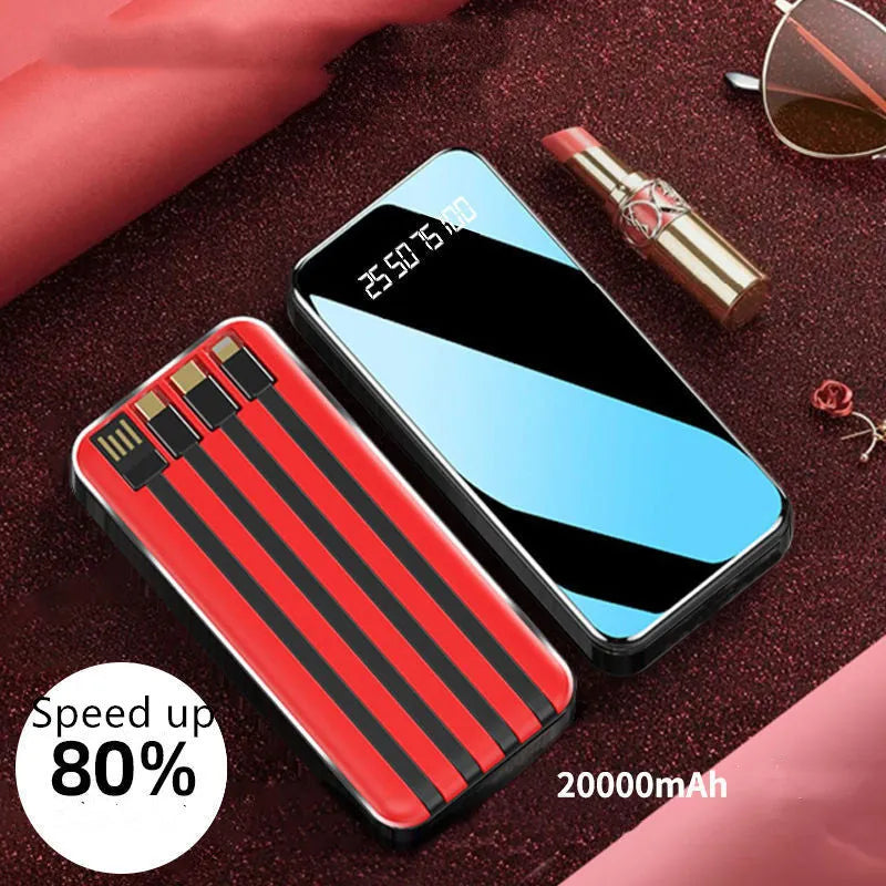 Portable power bank with digital display showing battery percentage, surrounded by USB, Micro USB, Type-C, and Lightning cables.