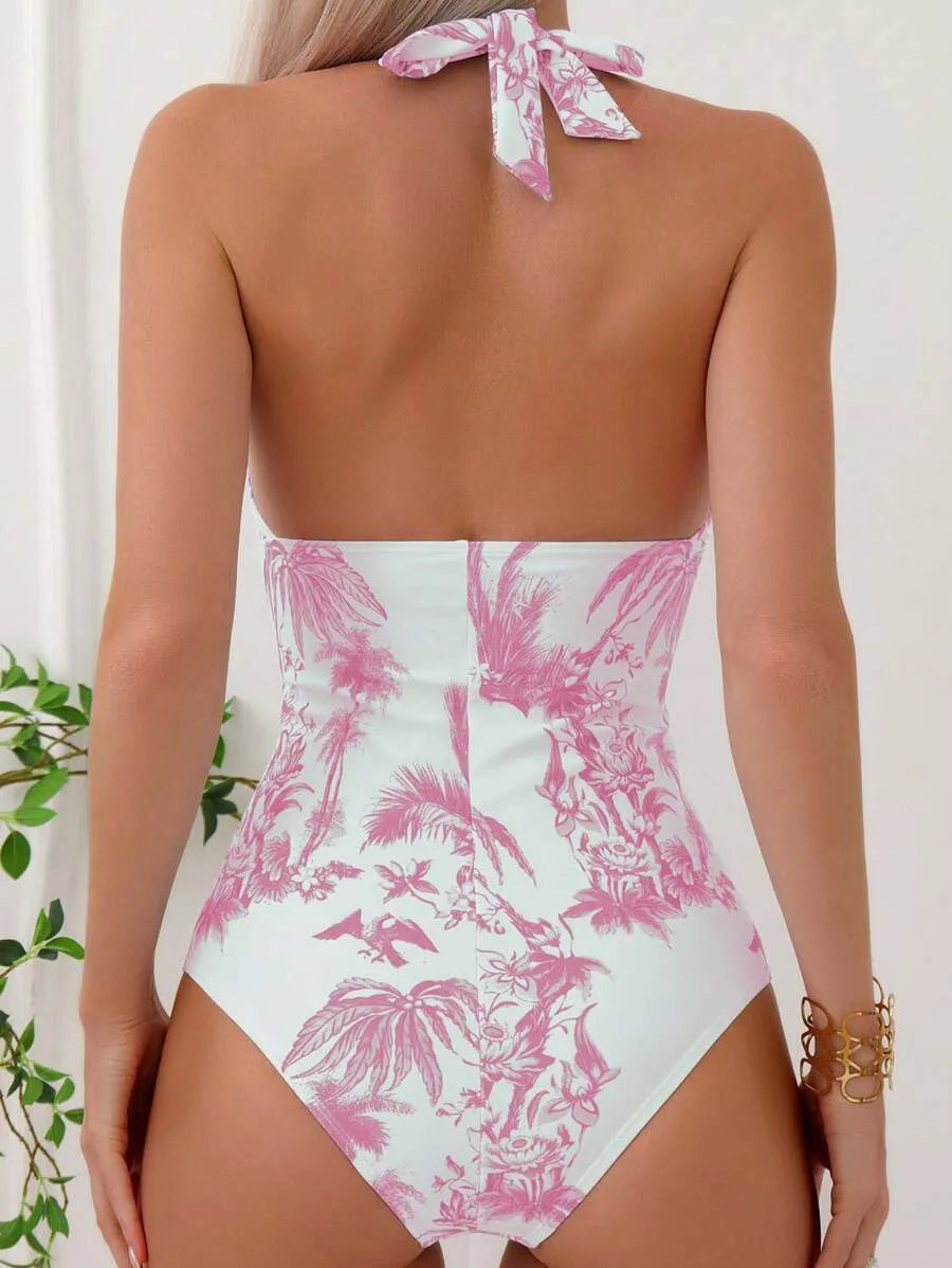 Women's printed V-neck one-piece swimsuit in polyester fabric with lining