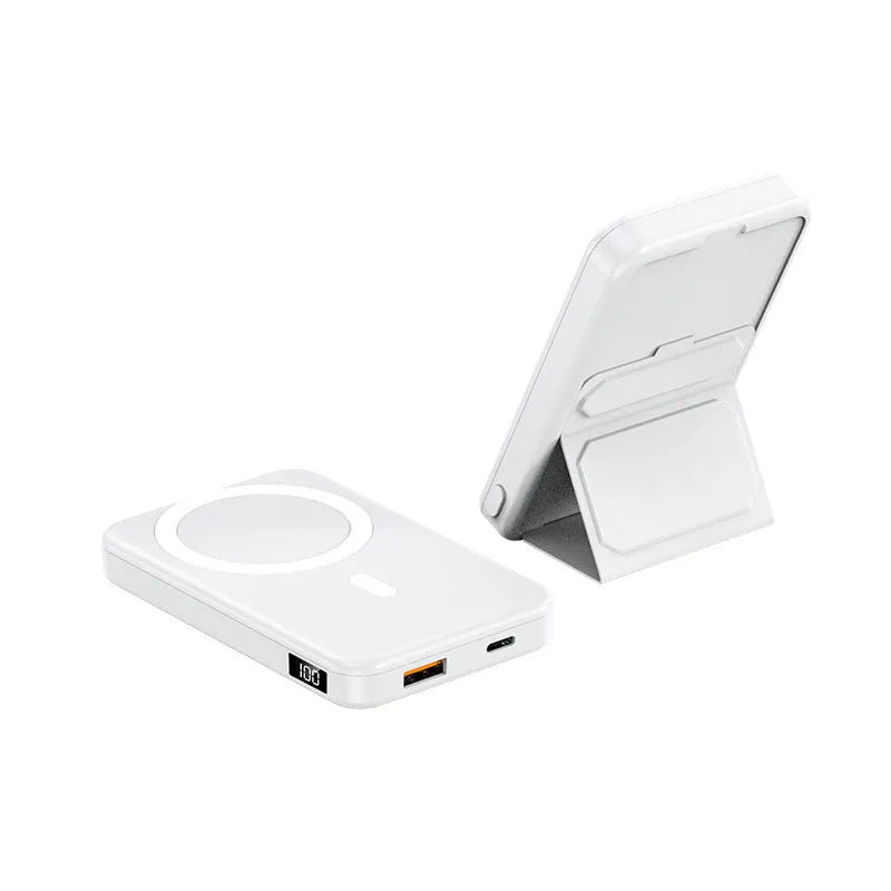 Magnetic wireless charging power bank with folding bracket showing capacity options and colour variations
