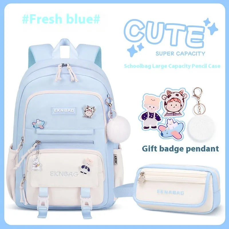 Pink waterproof Oxford cloth school backpack for girls with curved shoulder straps.