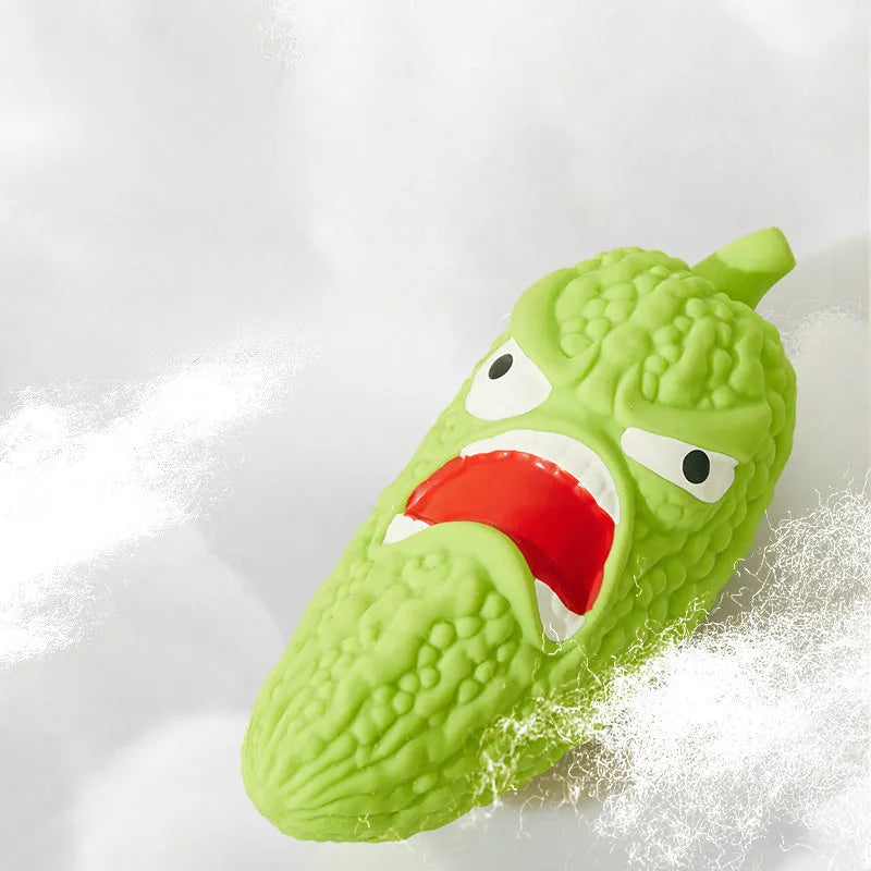Bitter gourd or chilli shaped dog chew toy with textured surface for tooth cleaning and integrated sound.