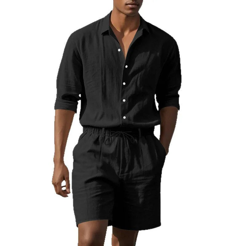 Men's linen beach suit showing long sleeve shirt and matching shorts in light blue colour