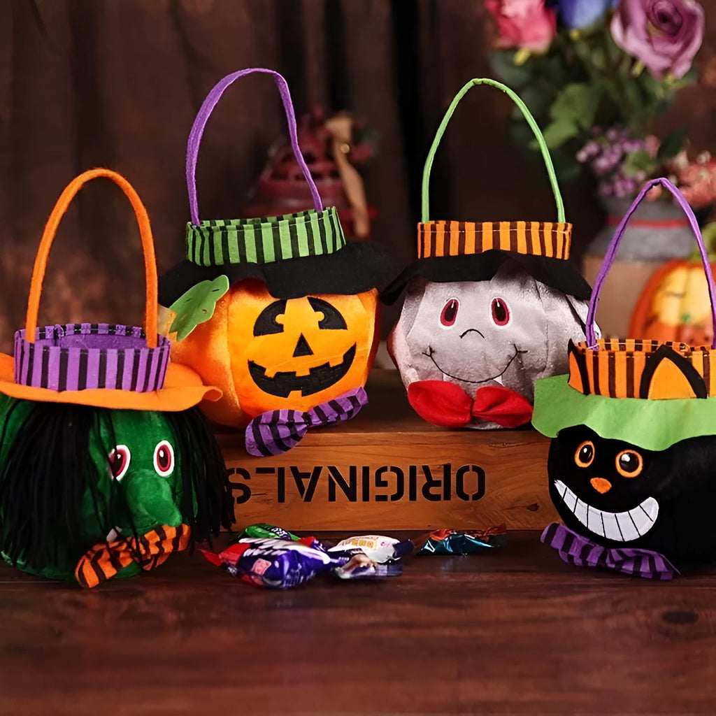 Halloween candy bag with pumpkin design measuring 16cm by 16cm