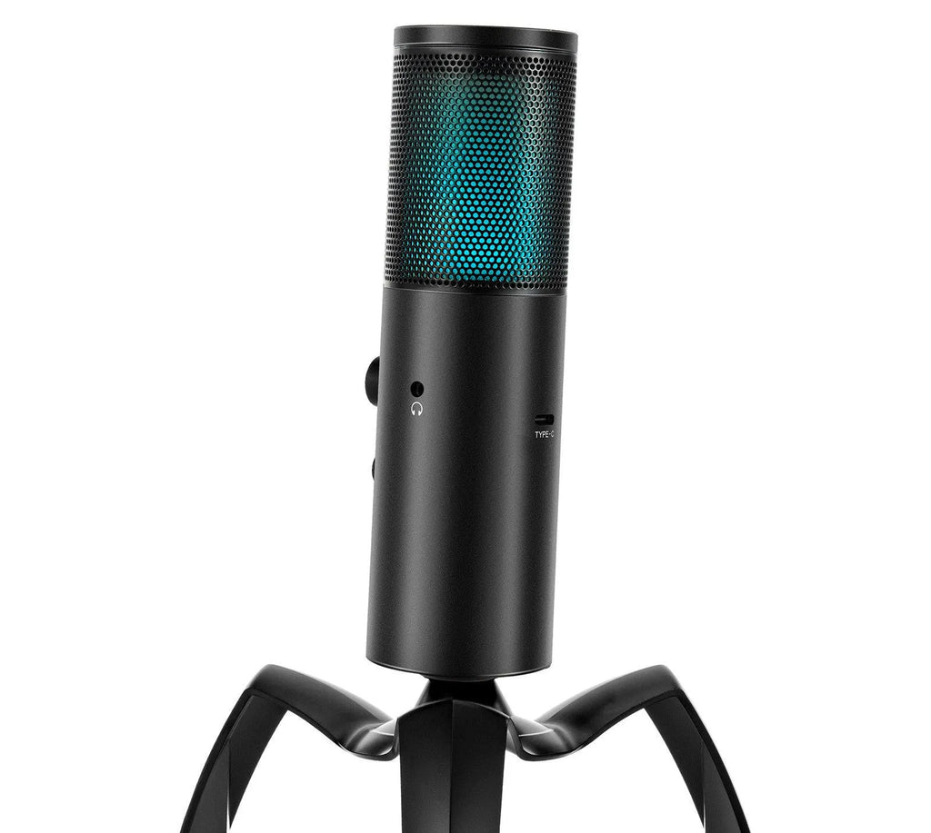 Black Q18 USB condenser microphone with RGB lighting on an adjustable metal tripod stand.