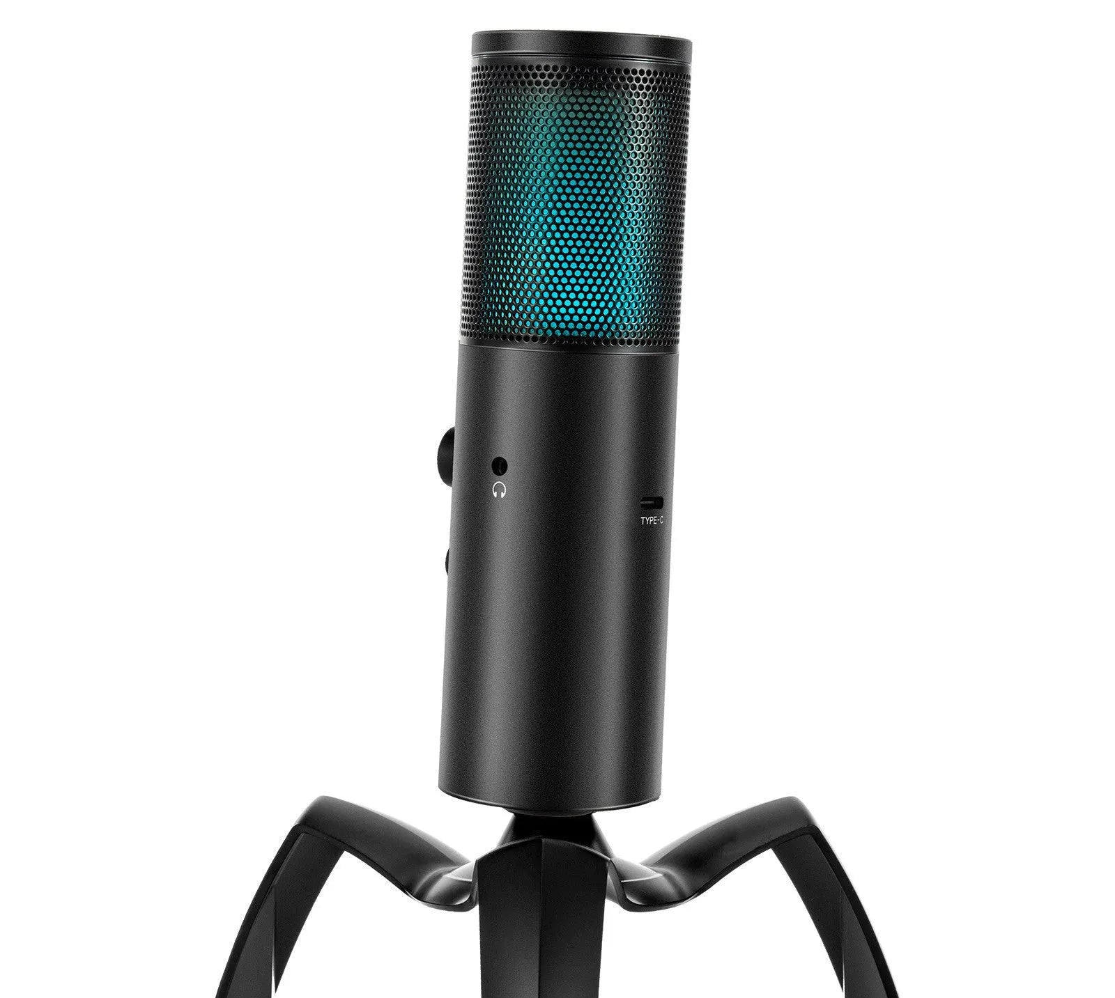 Black Q18 USB condenser microphone with RGB lighting on an adjustable metal tripod stand.