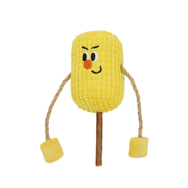 Polio wood corn cob shaped cat toy with catnip for dental cleaning, shown in Boxer and Coach designs.