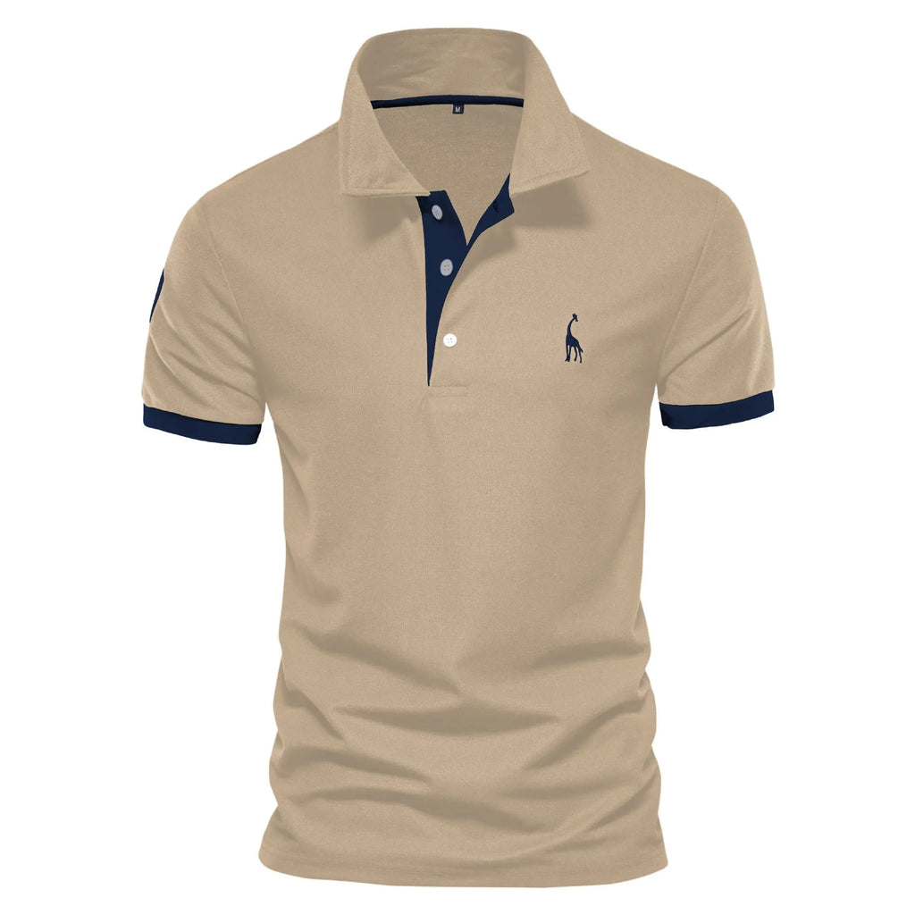 Men's slim fit embroidered short sleeve T-shirt in a cotton blend fabric on a hanger.