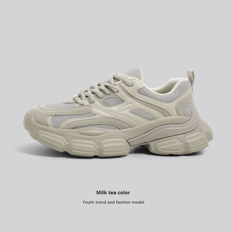 Mesh casual platform dad shoes in beige for men and women with height increasing mid heel