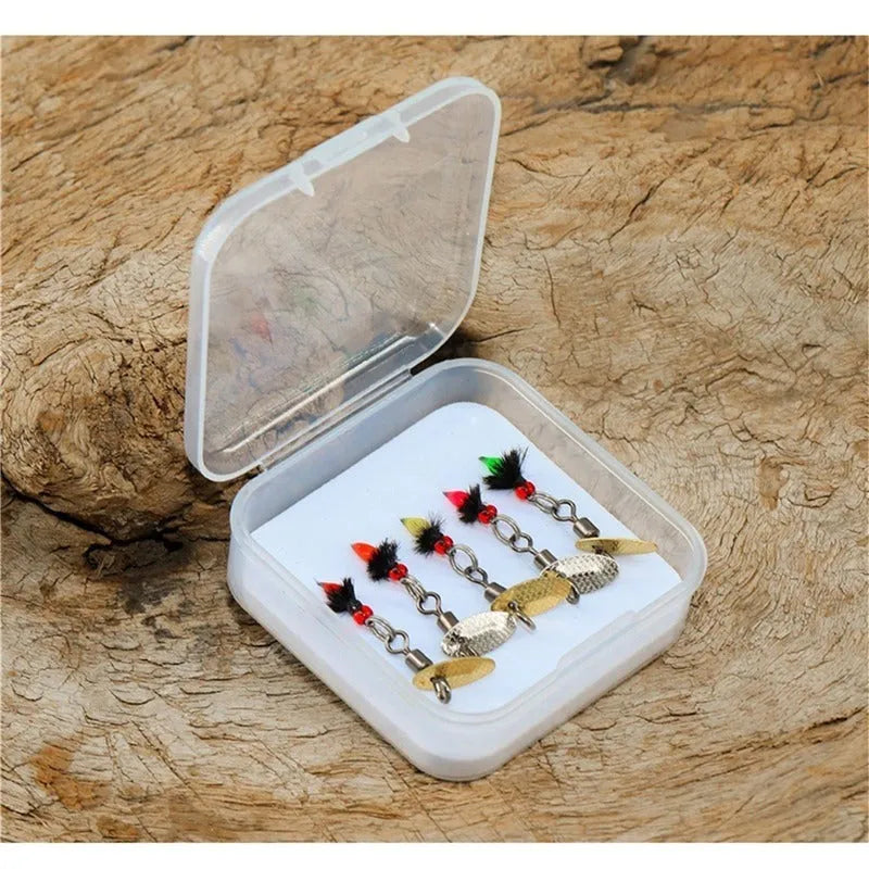 Five bionic poisonous mosquito fishing hooks with spinning sequins in multicolour patterns