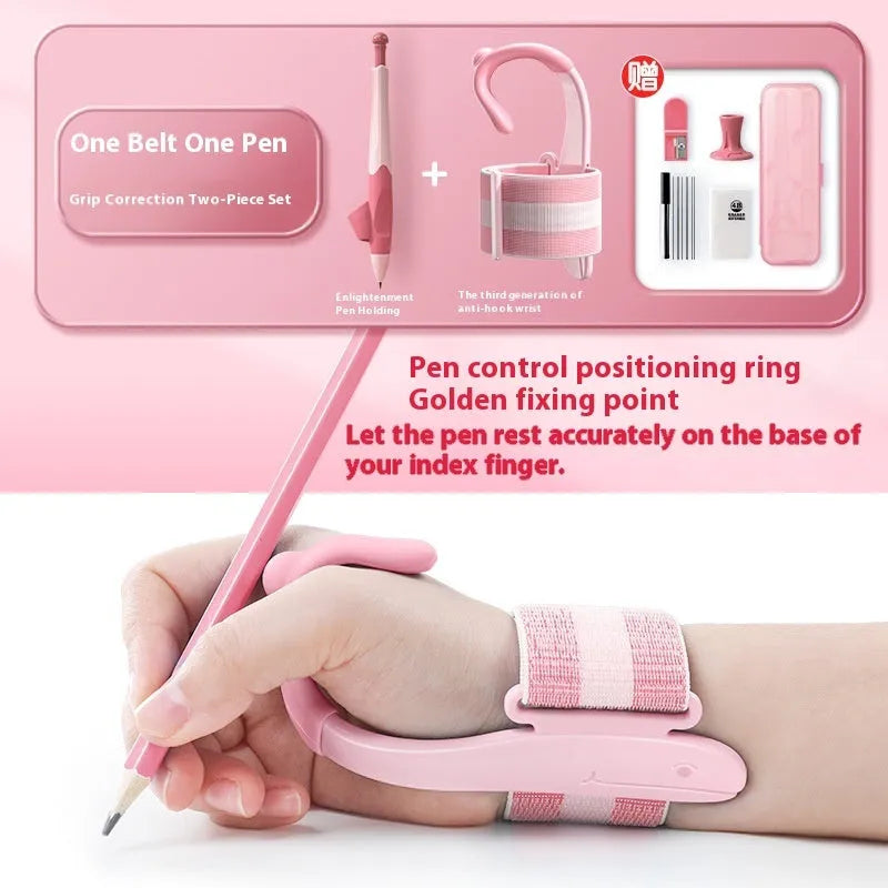 Blue and pink anti-hook wrist brace pen grip corrector for children's handwriting, made from white ABS nylon.