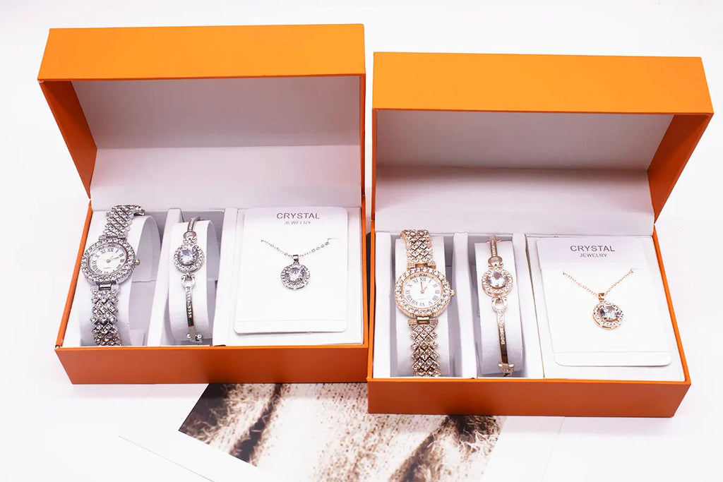3-piece Rhinestone Watch Set With Bracelet And Necklace Alloy Quartz Watch Set Gold Silver Dial 3.2cm Strap Length 22.5cm Strap Width 1.5cm Glass Mirror OPP Simple Package Gift Set Jewellery Accessory Set Women