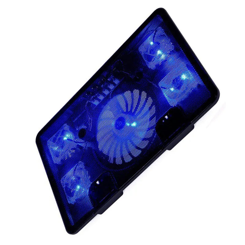 Naju N5 ultra-thin black notebook cooler with 1 large 14.5cm fan and 4 small 5.5cm fans, iron mesh panel, 38cm x 26cm x 2.3cm.
