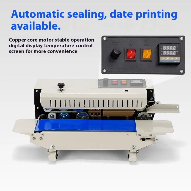 Mini desktop steel seal sealing machine with date printing function on a countertop.
