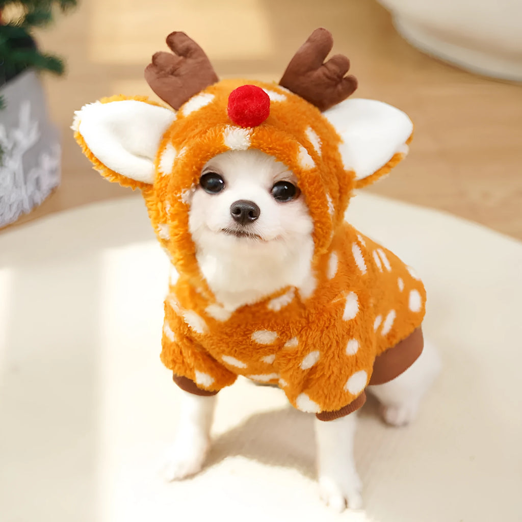 Elk Christmas costume on a medium-sized dog, showing fleece-lined interior and two-legged design.