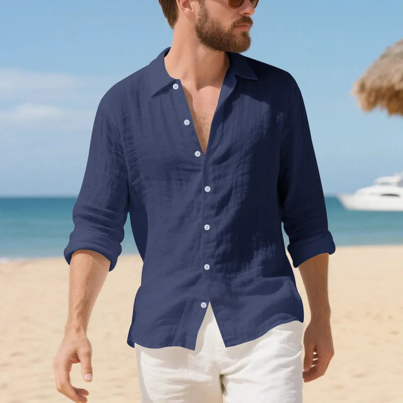 Man wearing a relaxed-fit light blue linen casual shirt with a non-iron finish