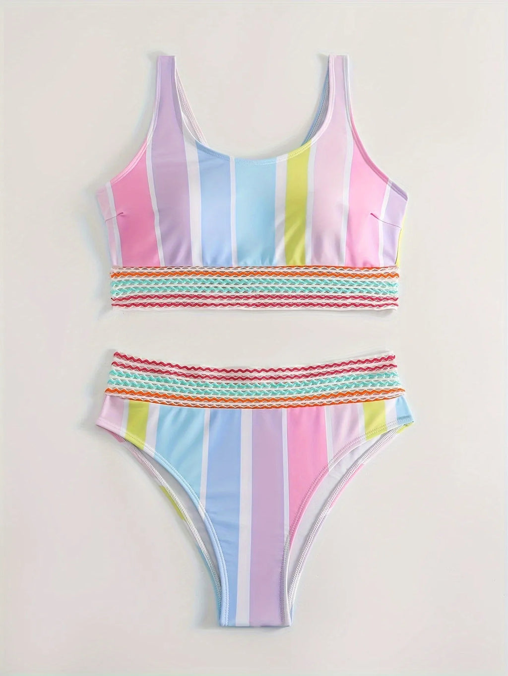 Women's striped two-piece bikini on a hanger, showing sporty briefs with spandex lining and matching top.