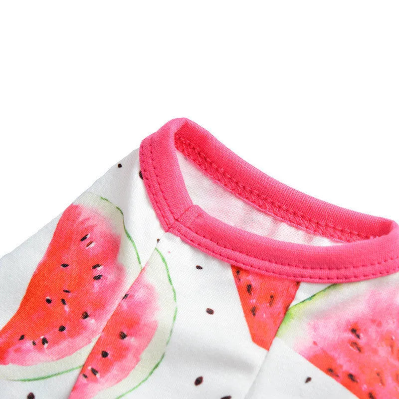 Four-legged dog jumpsuit in watermelon red print made from polyester, available in multiple sizes
