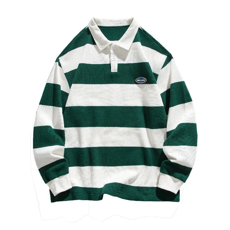 Matching set of two striped Hong Kong style polo shirts with lapel collars in pearl cotton fabric.