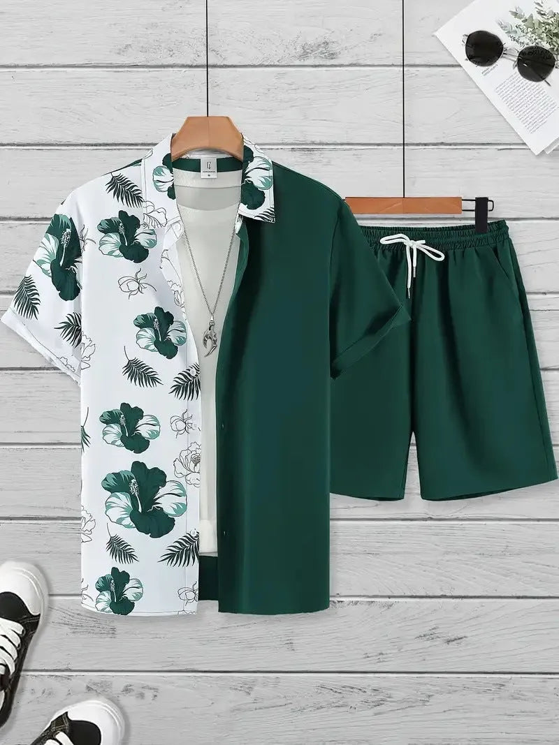 Men's 3D printed Hawaiian pattern short sleeve shirt and matching shorts co-ord set.