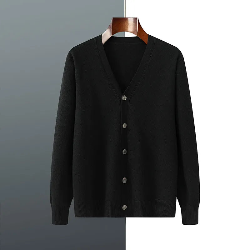Men's loose-fit V-neck cardigan coat in Andy velvet fabric shown in beige colour.