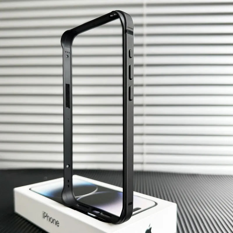 Metal phone case for iPhone 15 Pro Max in black with ultra-thin border frame