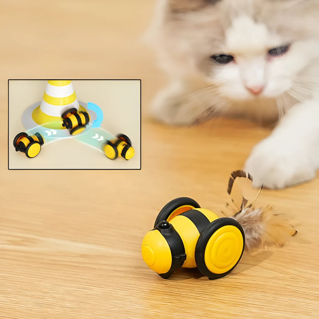 Electric bee-shaped cat toy with moving feather teaser in pink or yellow colours
