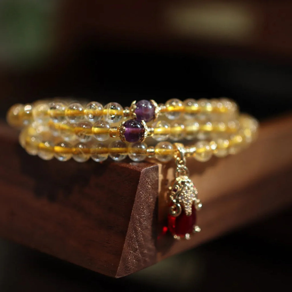 Natural Brazil gold rutilated quartz bracelet with three-circle pendant and Chinese style design