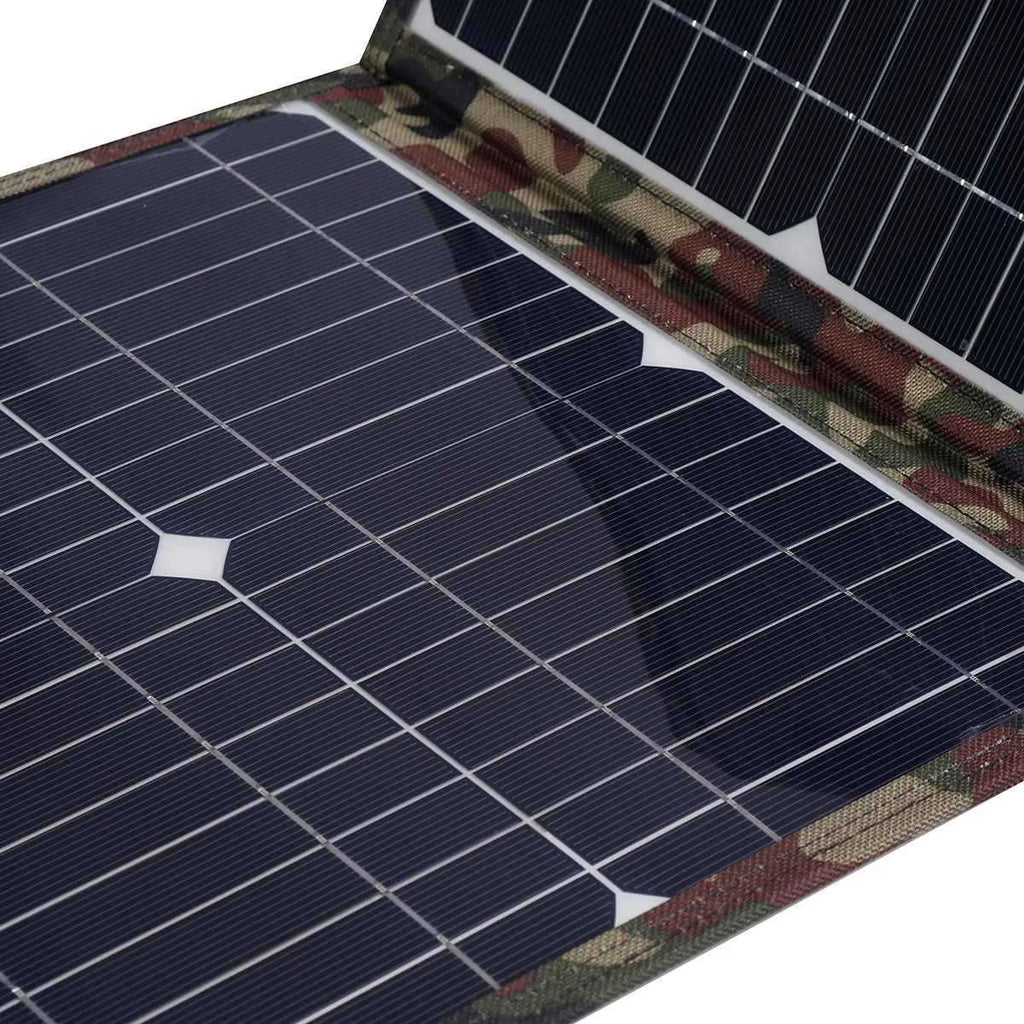Black foldable portable 36W solar panel with USB ports and included car charger accessories