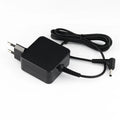 Black 45W laptop power adapter and cable with choice of US or EU plug, showing compact dimensions.