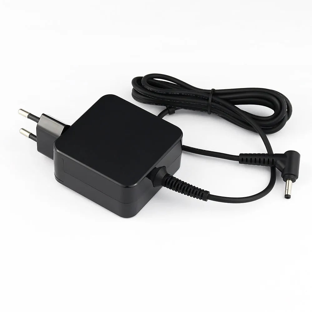 Black 45W laptop power adapter and cable with choice of US or EU plug, showing compact dimensions.