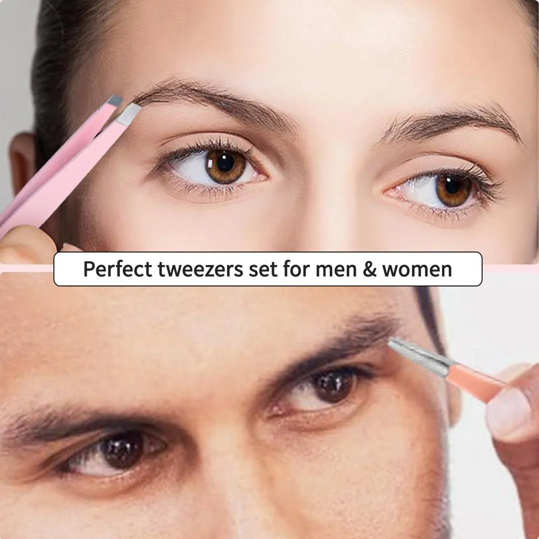 Professional eyebrow tweezers set with four stainless steel tweezers, curved scissors, brush, and leather case.