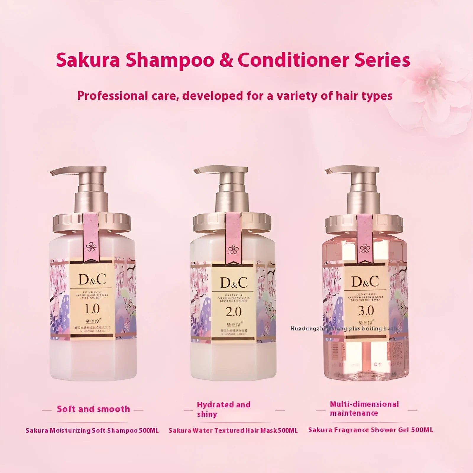 Sakura shampoo conditioner and shower gel set with three 500ml bottles for hair and body care