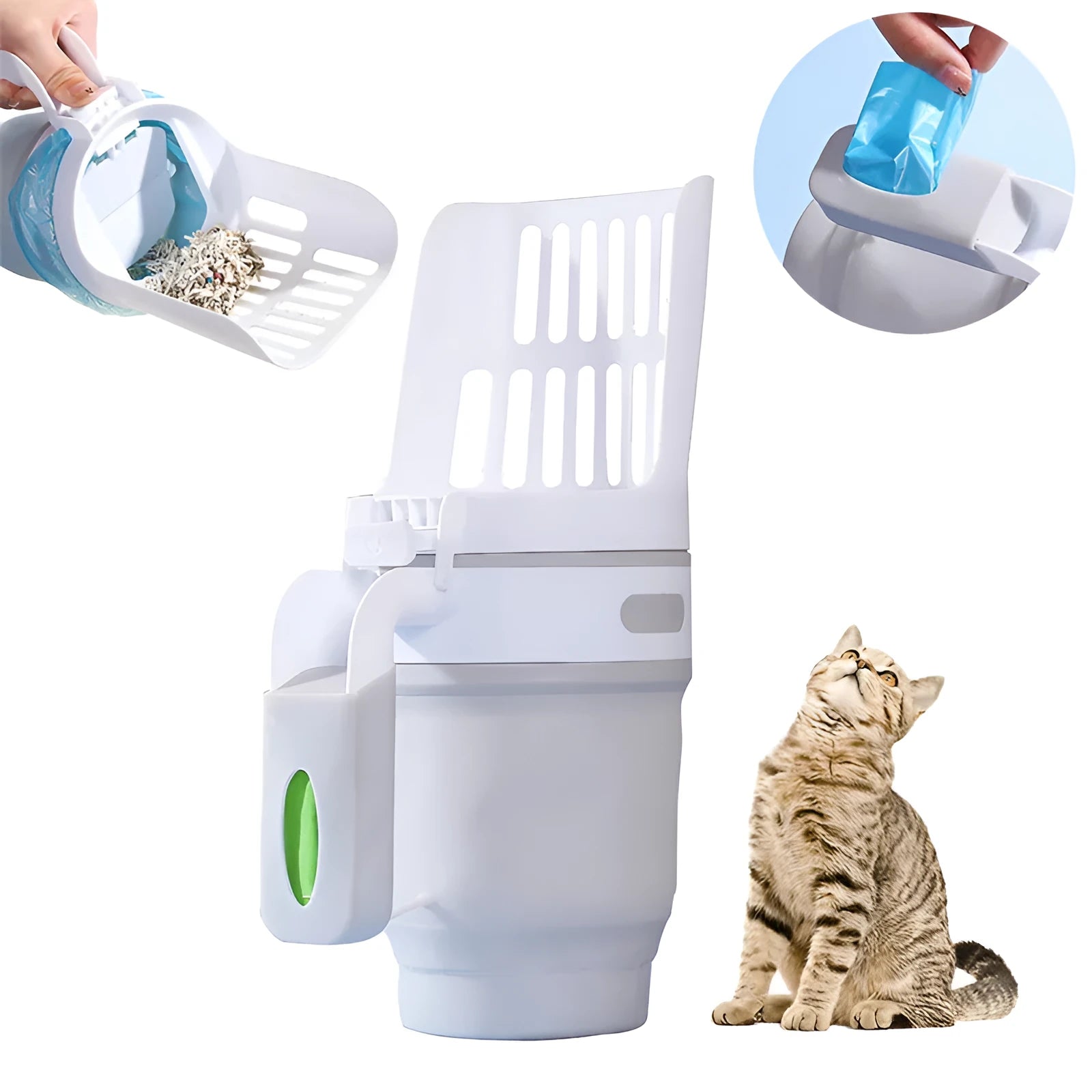 Grey foldable cat litter scoop with waste container and refill bags