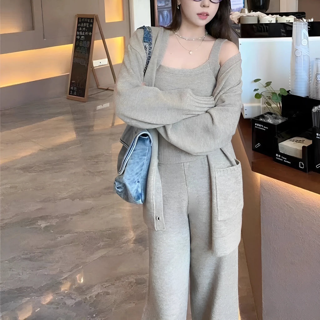 Women's wool blend cardigan suspender pants three-piece set in loose casual style